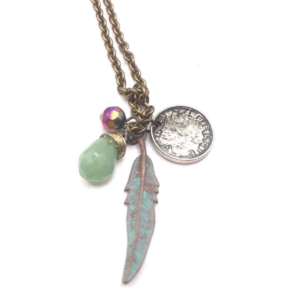 American Eagle Outfitters Brass and Green Feather Pendant Necklace